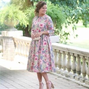 Dainty Jewells size M Modest Floral Midi Dress Pink Green Gray